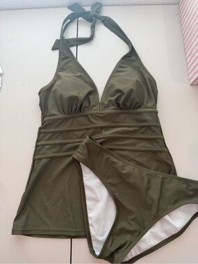 2pc - Halter Tankini Swimsuit Olive Green